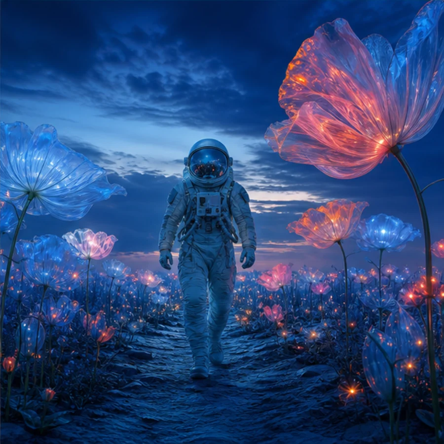 Cinematic astronaut thumbnail concept with glowing flowers
