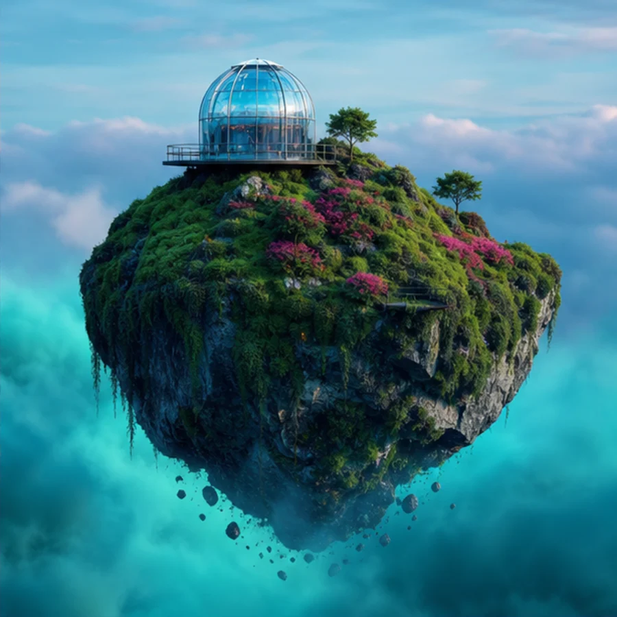 AI-generated floating botanical island above turquoise mist